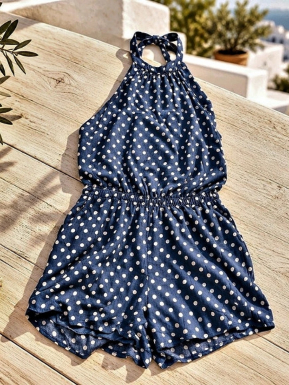 Blue & White Polka Dot Halter Romper Like New